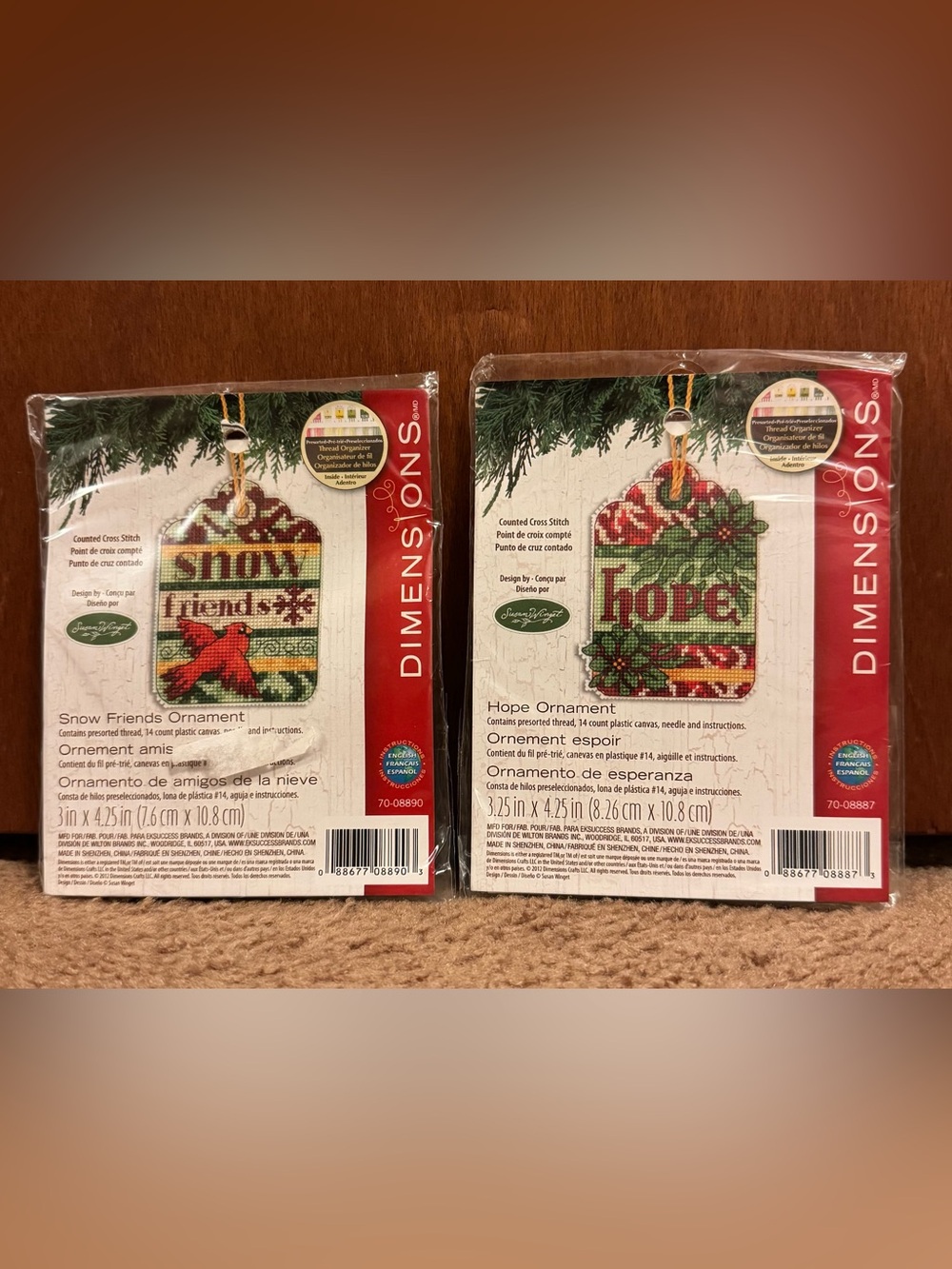 Set of 2 NEW Vtg 2012 Dimensions cross stitch ornaments “Snow Friends” & “Hope